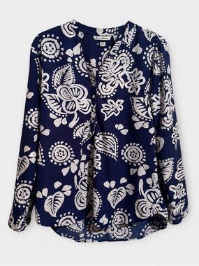 Amanda Blu XXL Navy Ivory Batik Floral Print Tunic Blouse Boho